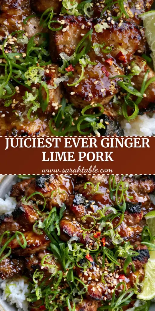 A ceramic bowl of Ginger Lime Pork with thick honey-ginger glazed medallions over steaming jasmine rice, garnished with lime zest and scallions.