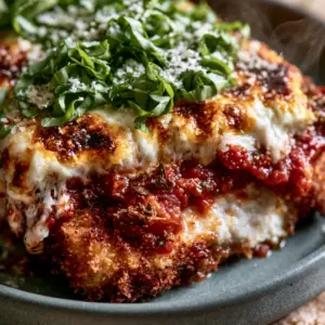Extreme macro close-up of a Pork Parmigiana cutlet being sliced showing juicy white meat and thick crispy crust.