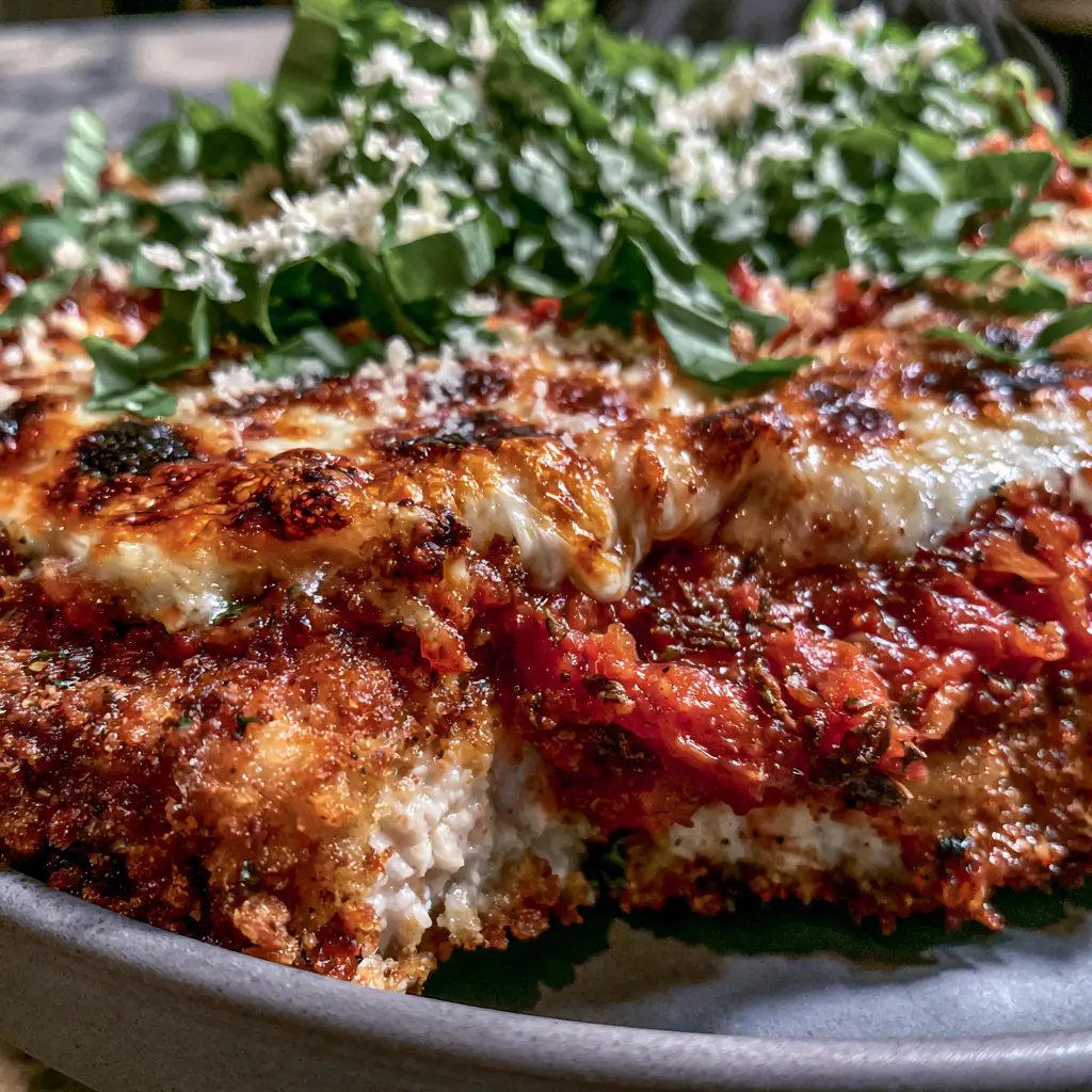 Close up of bubbly, melted mozzarella cheese with golden-brown charred spots on top of Pork Parmigiana.