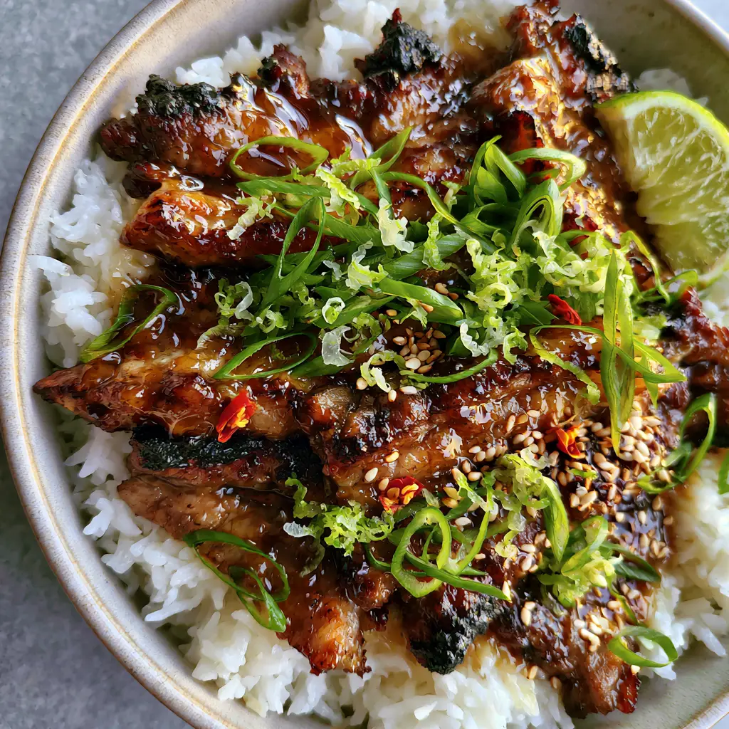 Close-up of the honey-ginger glaze being poured over Ginger Lime Pork medallions in a grey ceramic bowl.