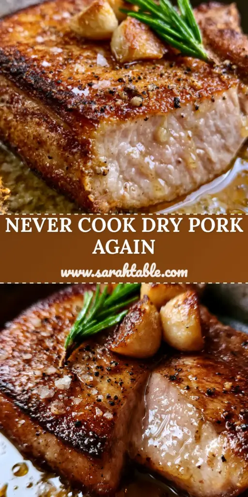 A close-up vertical shot of a sliced pan-seared pork chop in a skillet with garlic and rosemary, showcasing the best of pork recipes.
