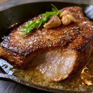 Macro top-down view of a thick-cut pork chop in a cast iron skillet with melted amber butter and fried rosemary. (pork recipes)