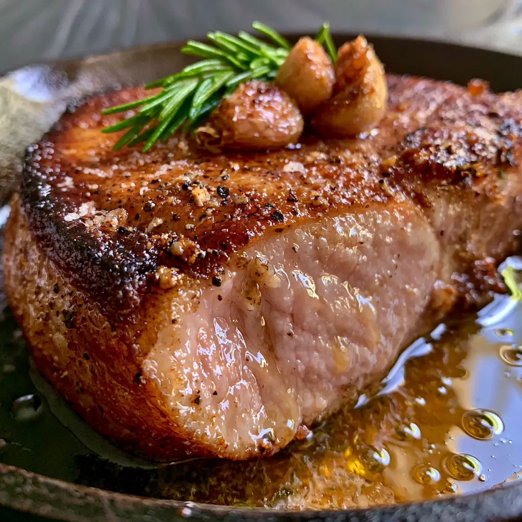 A sliced pork chop showing a moist pale-pink interior with visible meat juices and smashed garlic cloves.