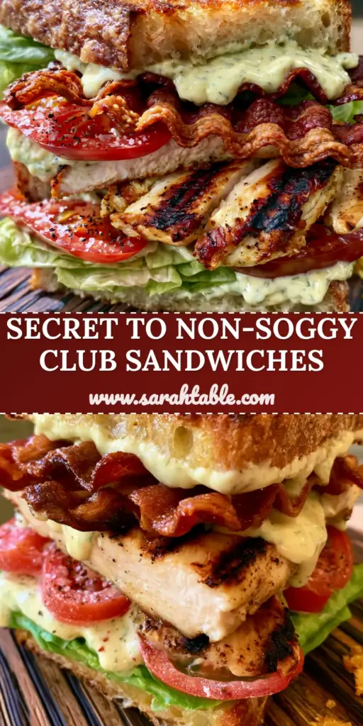 A towering triple-decker Chicken Club Sandwich on sourdough with grilled chicken char marks and crispy bacon.