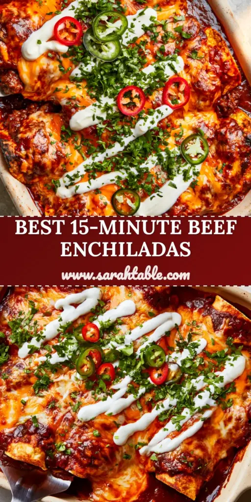A close-up shot of ground beef enchiladas in a ceramic dish with bubbling melted cheese and sliced serrano peppers.