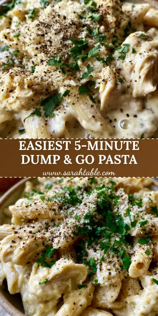 An overhead shot of Crockpot Chicken Pasta in a rustic bowl with creamy garlic sauce and parsley. (Crockpot Chicken Pasta)