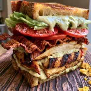 Vertical high-angle view of a Grilled Chicken Club Sandwich showing layers of sourdough, chicken, and wavy bacon.