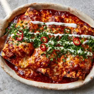High-angle smartphone photo of three ground beef enchiladas in a rustic ceramic dish with a dramatic cheese pull.