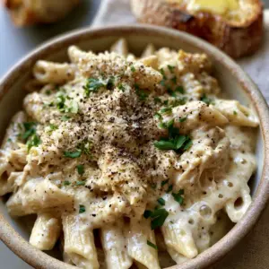 Close-up of creamy Crockpot Chicken Pasta showing thick sauce, shredded chicken chunks, and cracked pepper. (Crockpot Chicken Pasta)