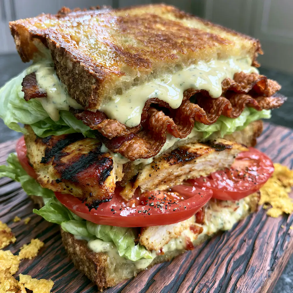 Close up of a sliced Chicken Club Sandwich with herb-flecked sauce and vibrant heirloom tomatoes.