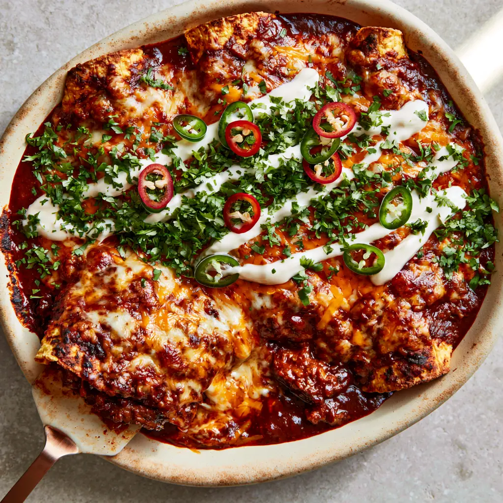Detailed view of melted Monterey Jack and Cheddar cheese over ground beef enchiladas topped with red and green serranos.
