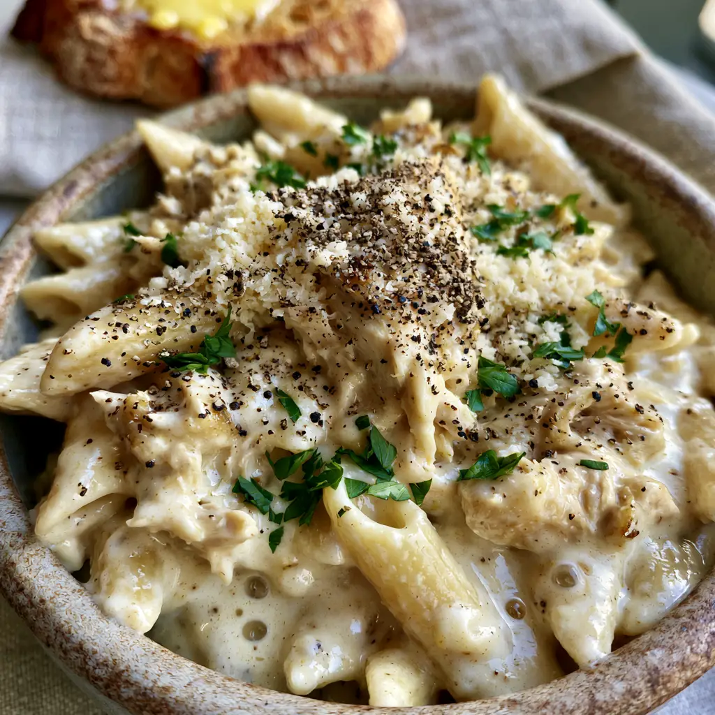 Overhead view of Crockpot Chicken Pasta served in a rustic ceramic bowl with a side of buttery sourdough bread.
