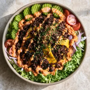 High-angle shot of a Burger Bowl with charred beef crumbles, sharp cheddar ribbons, and creamy secret sauce. (Burger Bowls)