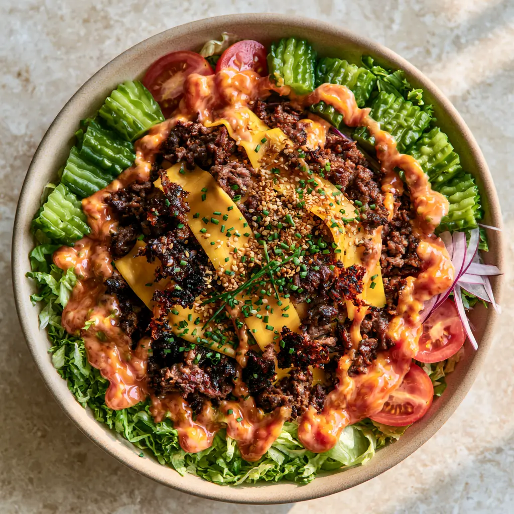 A wide matte bowl filled with shredded romaine, halved cherry tomatoes, and crispy beef crumbles with cheddar ribbons. (Burger Bowls)