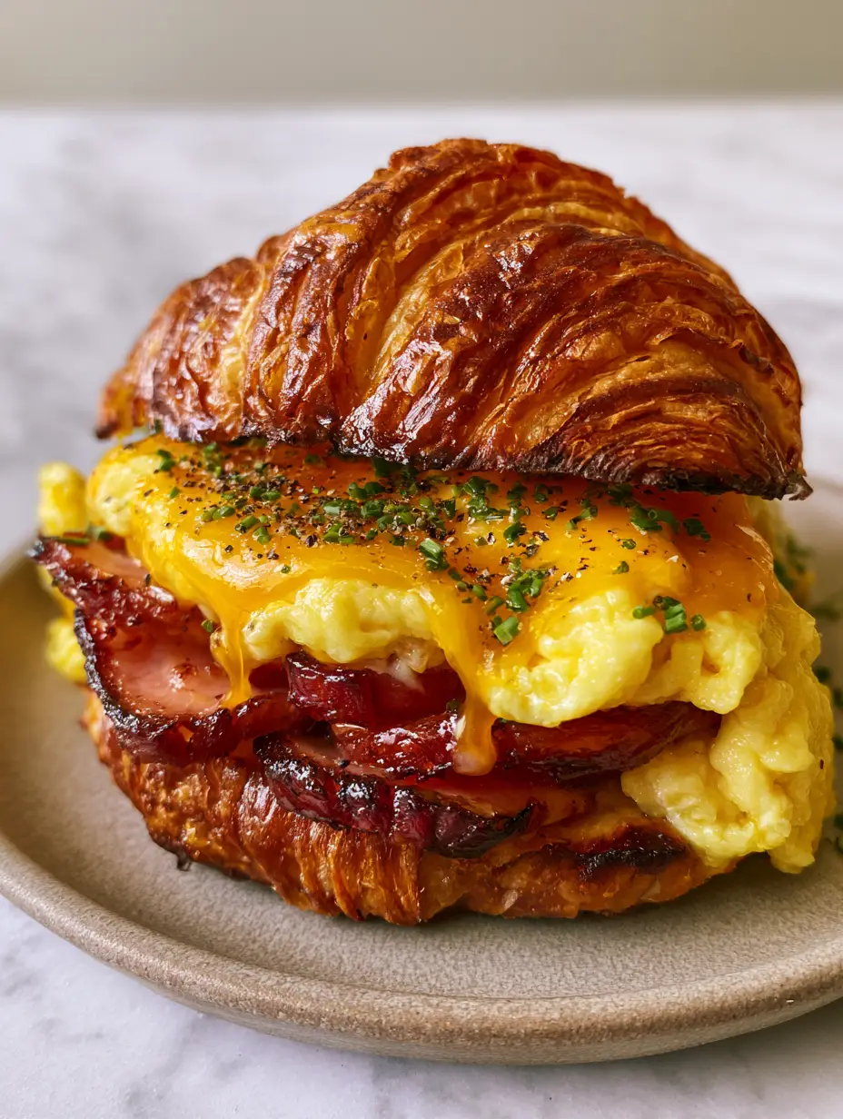 Croissant Breakfast Sandwich with Seared Honey Ham and Fluffy Eggs 3 Close up eye-level shot of a croissant breakfast sandwich showing buttery layers and fluffy eggs. (croissant breakfast sandwich)