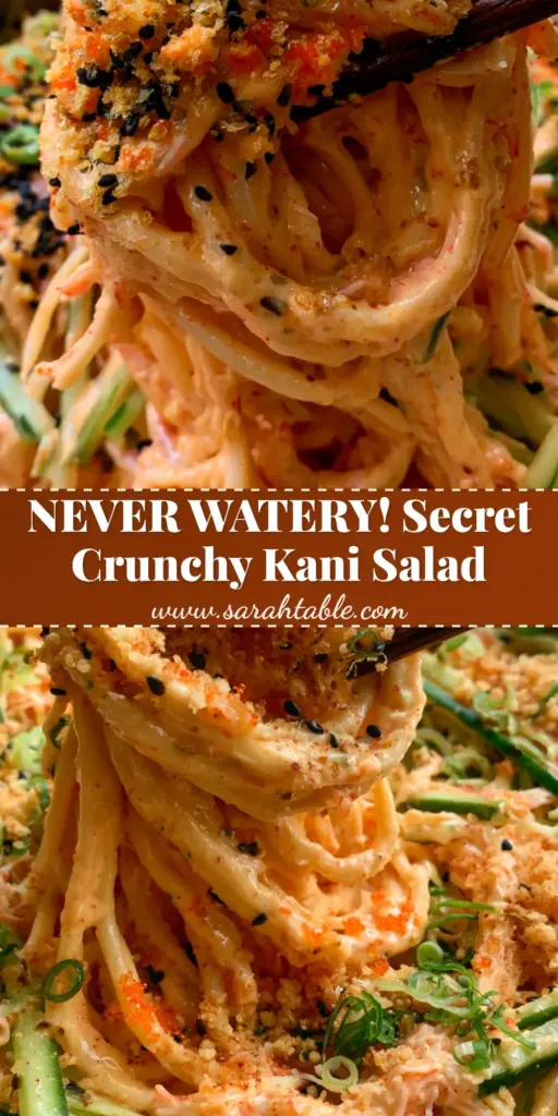 Cucumber Crab Salad: The Ultimate Spicy Kani Salad with Signature Crunch 4 A towering swirl of Cucumber Crab Salad with glossy orange dressing, topped with golden panko and masago roe.