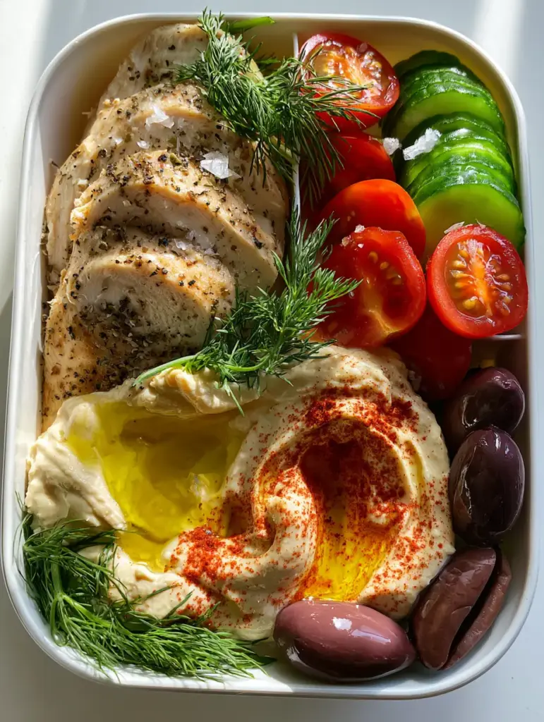 Lunch recipes for moms: The Ultimate High-Protein Mediterranean Bento Box 2 Smartphone photo of a vibrant bento box with rotisserie chicken, hummus, and fresh veggies on a white counter. (lunch recipes for moms)