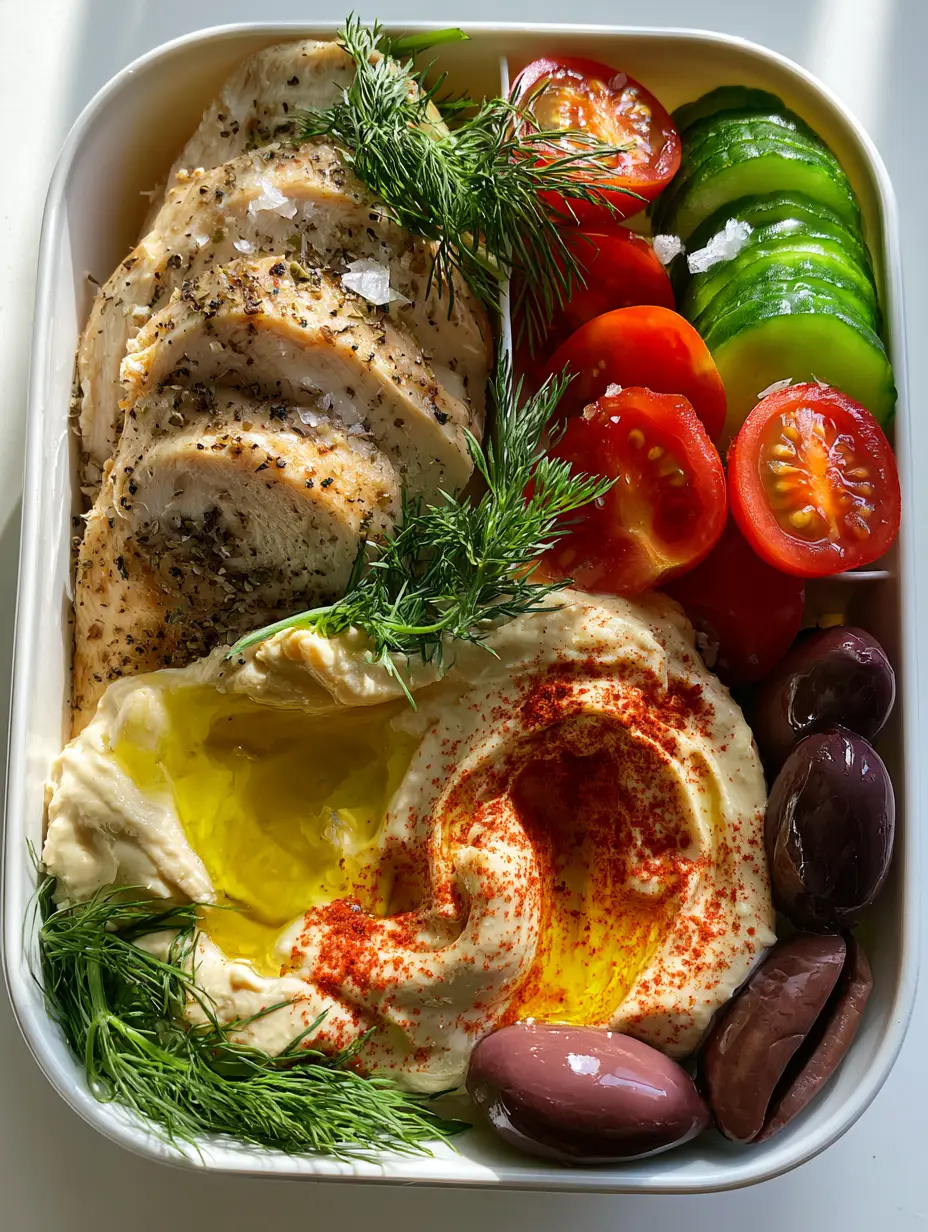 Lunch recipes for moms: The Ultimate High-Protein Mediterranean Bento Box 3 Smartphone photo of a vibrant bento box with rotisserie chicken, hummus, and fresh veggies on a white counter. (lunch recipes for moms)