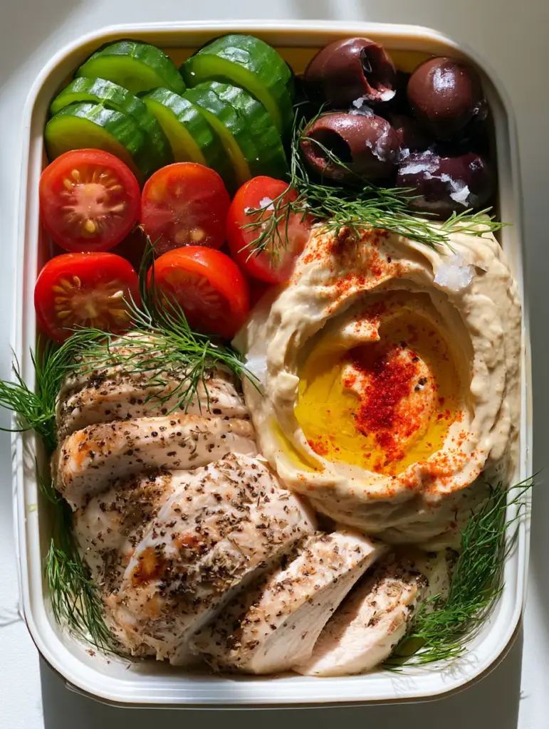 Lunch recipes for moms: The Ultimate High-Protein Mediterranean Bento Box 1 Close-up of thick-cut herb chicken and smooth hummus with a golden olive oil well.