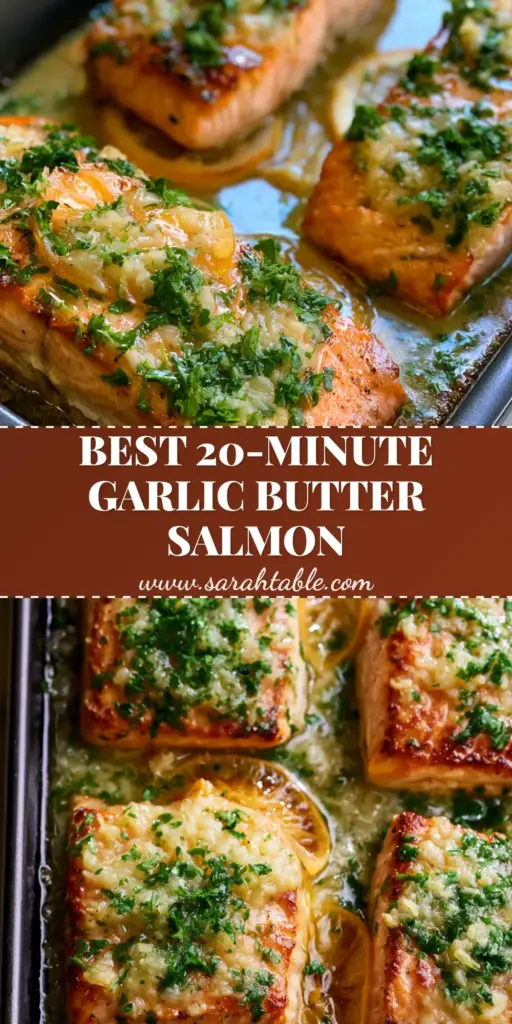 Garlic Butter Baked Salmon with Caramelized Lemons and Fresh Parsley 4 A close-up vertical shot of Garlic Butter Baked Salmon on a dark pan, featuring golden garlic bits and charred lemons.