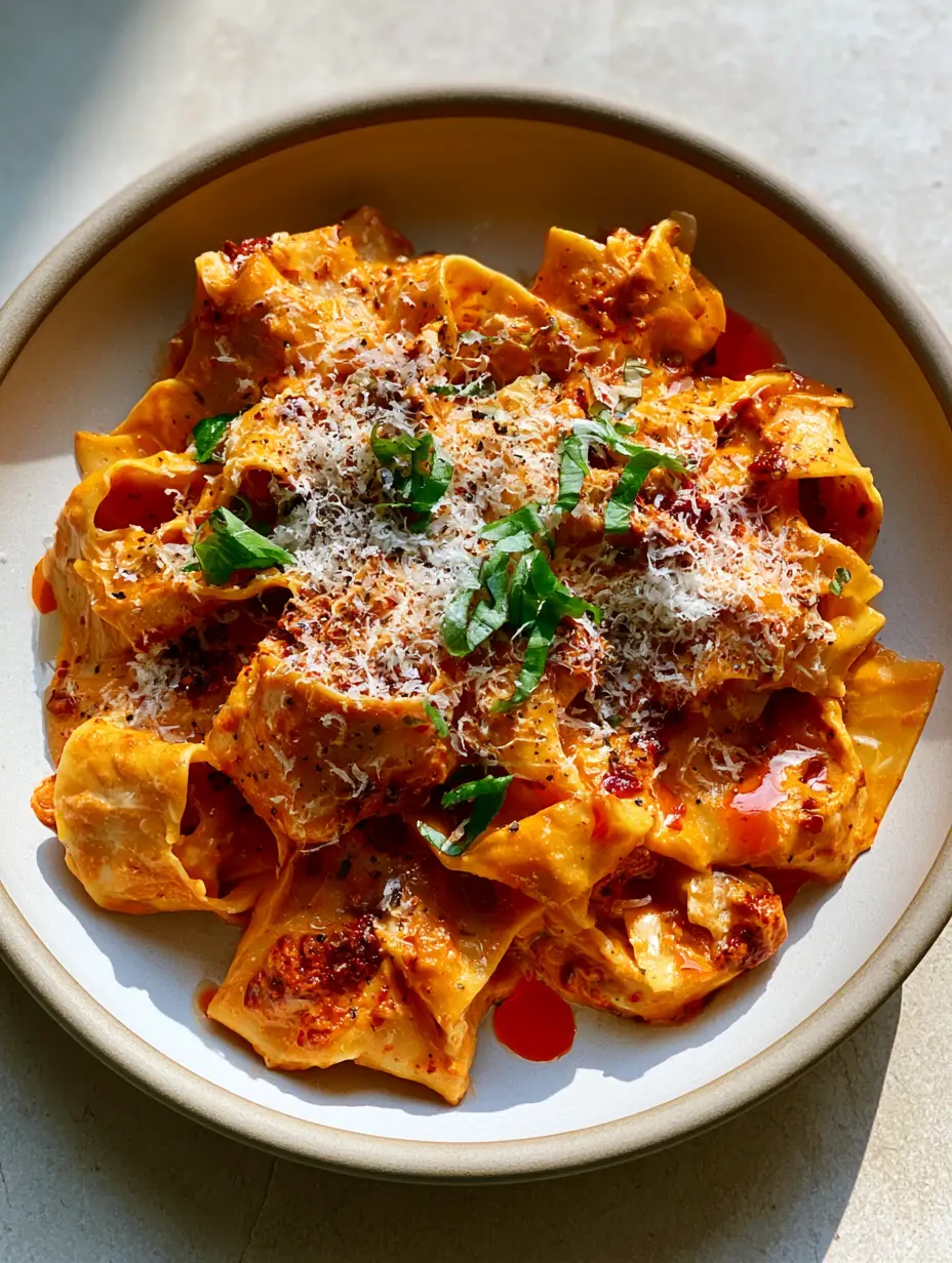 Creamy Calabrian Chili Pappardelle: A Bold and Velvety Spicy Italian Pasta 3 Thick ribbons of pappardelle pasta coated in a heavy, glossy orange-red creamy Calabrian chili sauce.