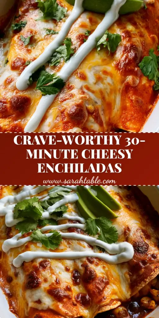 Macro top-down shot of three Black Bean Enchiladas in a white dish with bubbling crimson sauce, melted cheese with toasted spots, and zig-zag crema.