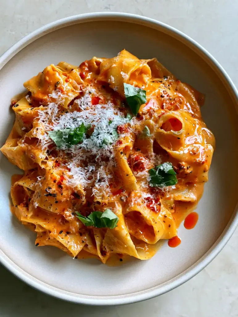 Creamy Calabrian Chili Pappardelle: A Bold and Velvety Spicy Italian Pasta 1 Close-up of Creamy Calabrian Chili Pappardelle showing micro-planed parmesan and torn basil leaves.
