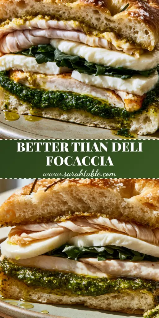 A close-up shot of Italian Turkey Focaccia Sandwiches featuring layers of folded turkey, emerald pesto, and fresh mozzarella on rosemary bread.