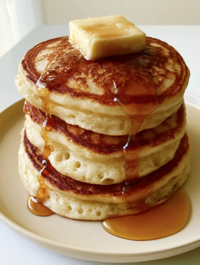 Fluffy Pancakes from Scratch: The Ultimate Guide to 2-Inch Thick Diner-Style Stacks 1 Top view of melting salted butter on a stack of fluffy pancakes with amber syrup trails.