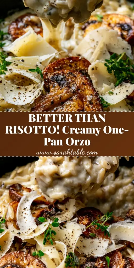 Creamy Orzo and Mushrooms: The Ultimate One-Pan Velvet Pasta 4 A silver spoon lifting dripping Creamy Orzo and Mushrooms from a black skillet, garnished with parmesan curls and thyme.