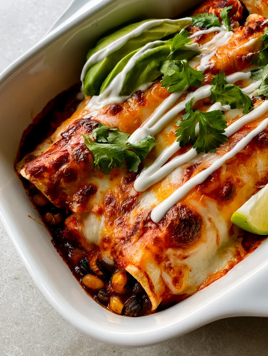 Close-up of melted golden cheddar and monterey jack cheese with toasted brown spots on top of Black Bean Enchiladas.