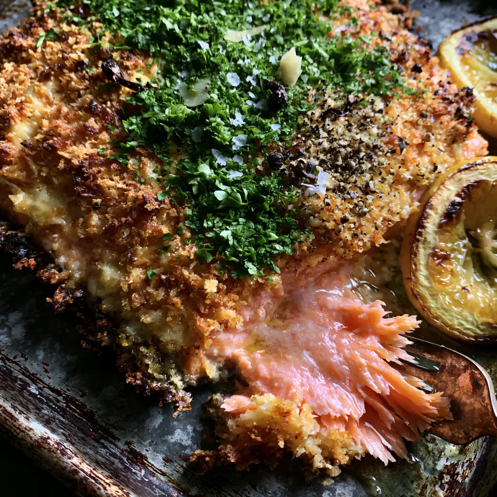 Macro top-down view of golden-brown panko crust on salmon with Maldon sea salt flakes and cracked pepper.