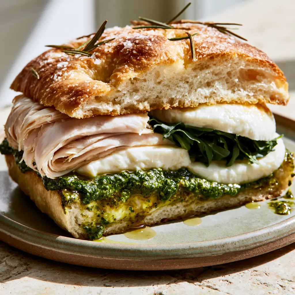 Eye-level view of Italian Turkey Focaccia Sandwiches with glistening pesto and vibrant baby arugula tucked inside.