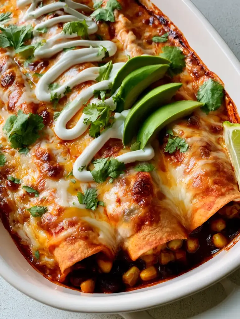Top-down angled view of corn tortillas filled with black beans and corn, smothered in vibrant red enchilada sauce.