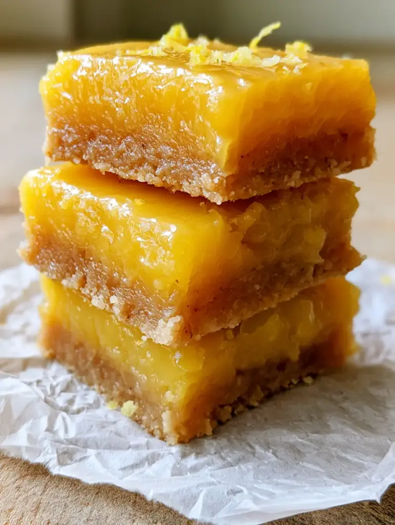 Detailed close-up of the creamy edge where the thick lemon curd meets the crumbly almond flour crust in paleo lemon bars.