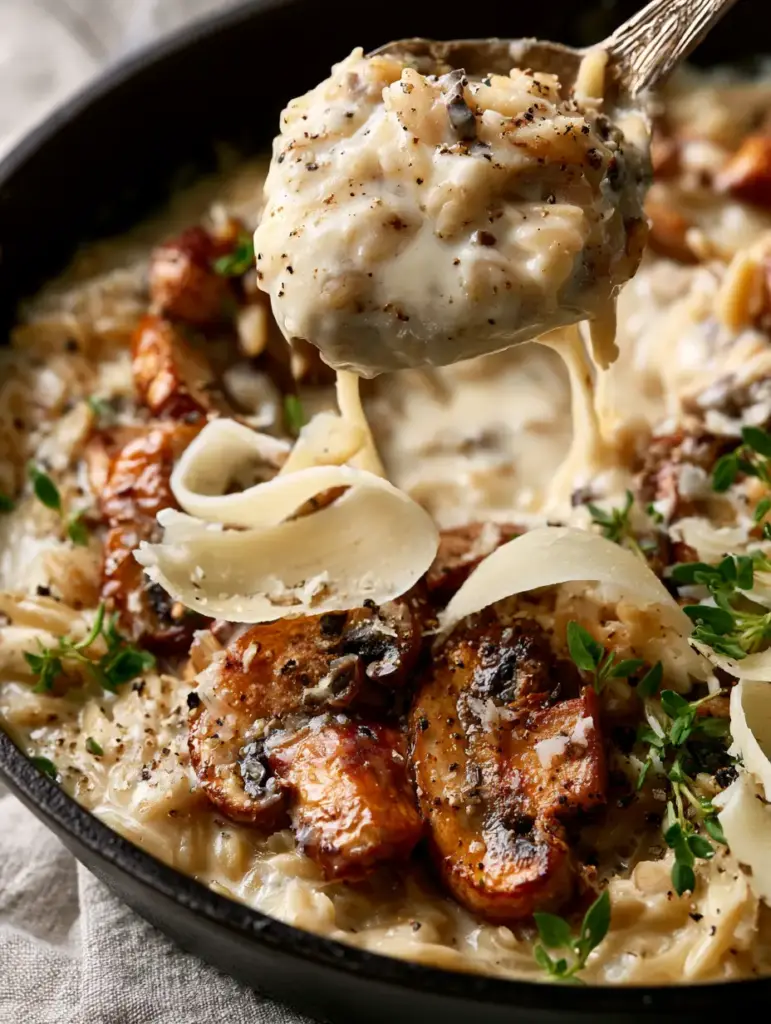 Creamy Orzo and Mushrooms: The Ultimate One-Pan Velvet Pasta 2 Top-down view of Creamy Orzo and Mushrooms in a cast iron pan with a glossy white sauce and golden cremini mushrooms.