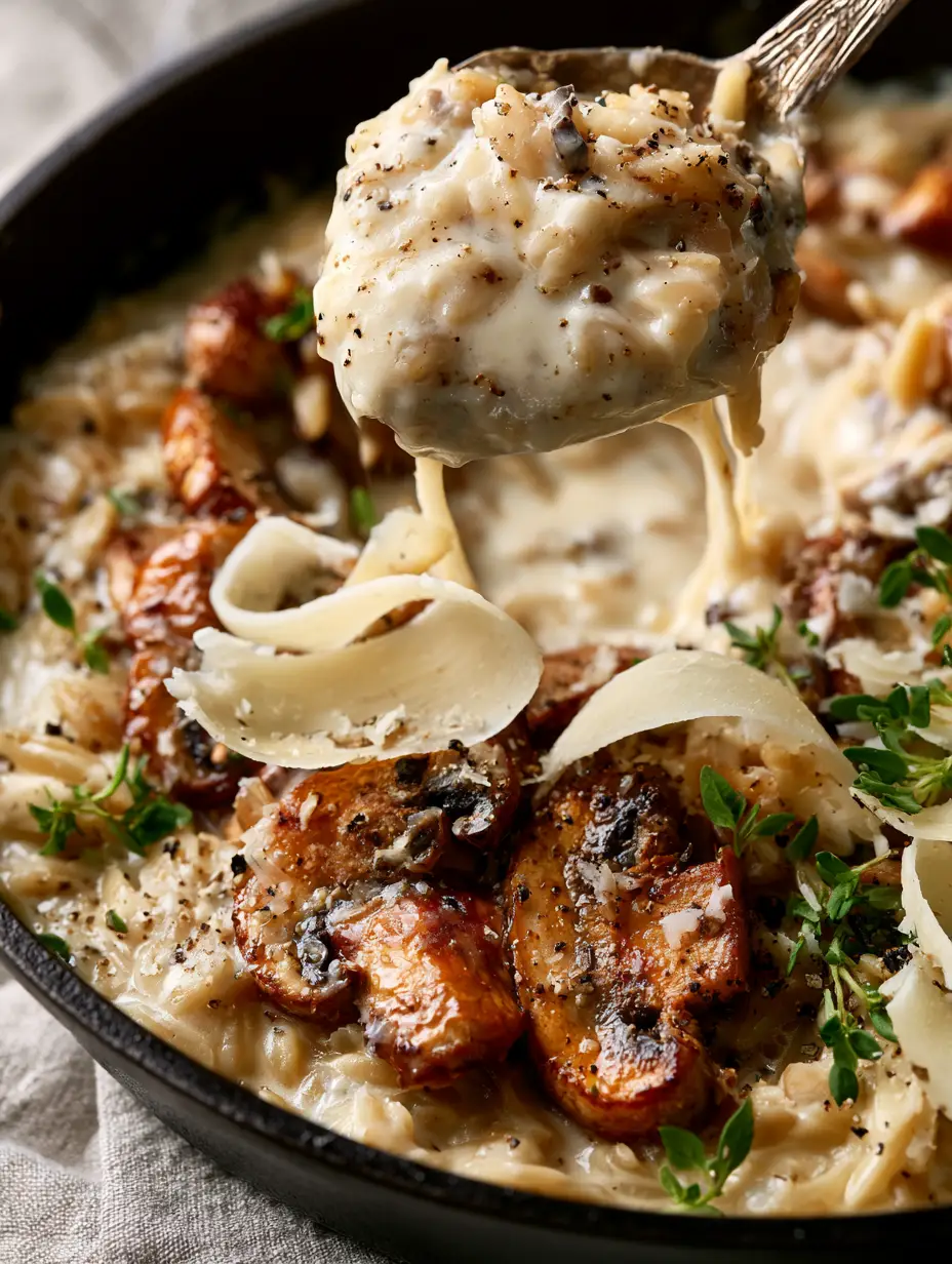 Creamy Orzo and Mushrooms: The Ultimate One-Pan Velvet Pasta 3 Top-down view of Creamy Orzo and Mushrooms in a cast iron pan with a glossy white sauce and golden cremini mushrooms.