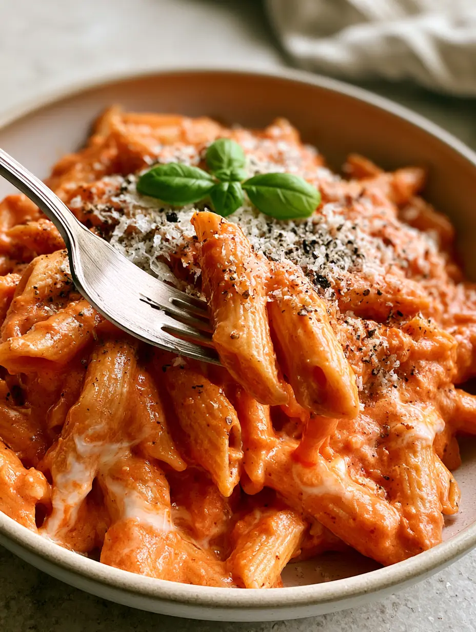 Tomato Pasta Sauce with Cream Cheese: The Ultimate Creamy Penne Recipe 4 Close-up 45-degree shot of tomato pasta sauce with cream cheese showing a thick sauce drip and glossy finish.