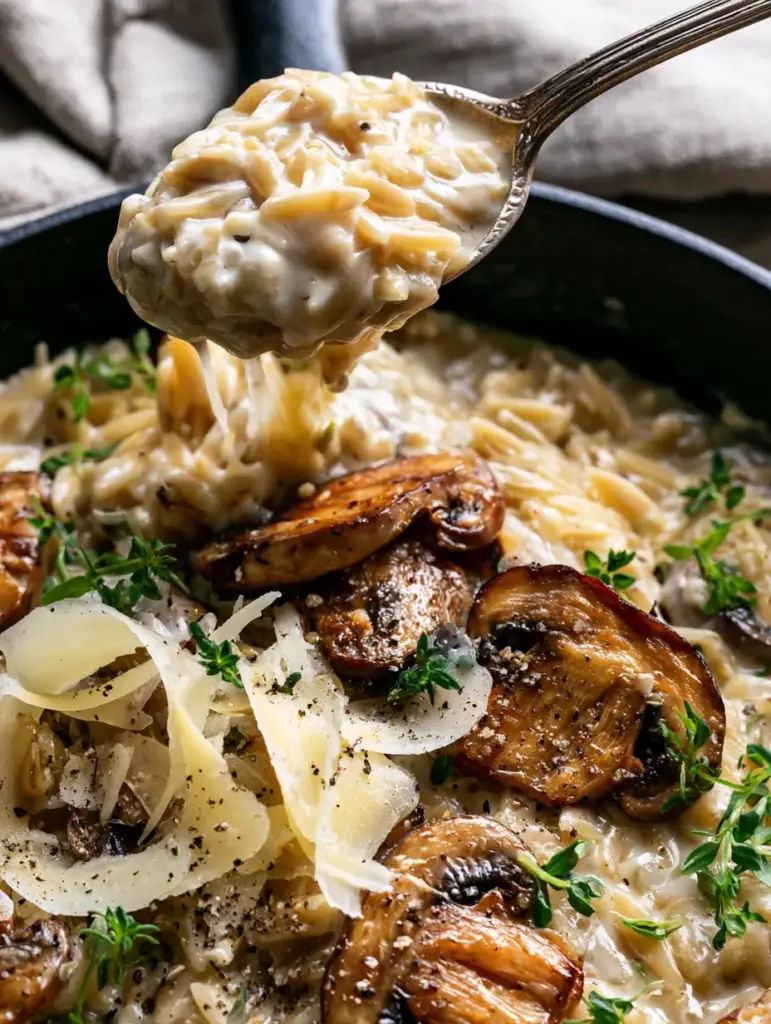 Creamy Orzo and Mushrooms: The Ultimate One-Pan Velvet Pasta 1 Macro close-up of seared cremini mushrooms and plump orzo pearls in a creamy sauce with fresh thyme.