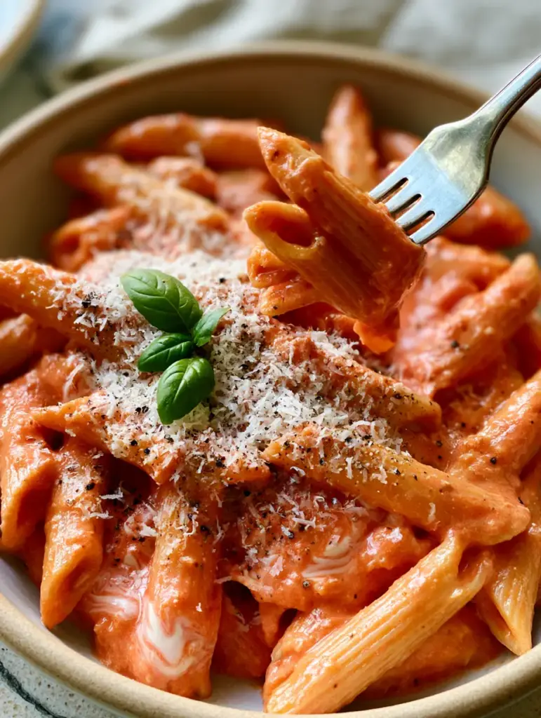 Tomato Pasta Sauce with Cream Cheese: The Ultimate Creamy Penne Recipe 1 Penne pasta covered in pink tomato sauce with white cream cheese ripples, cracked pepper, and micro-planed parmesan.