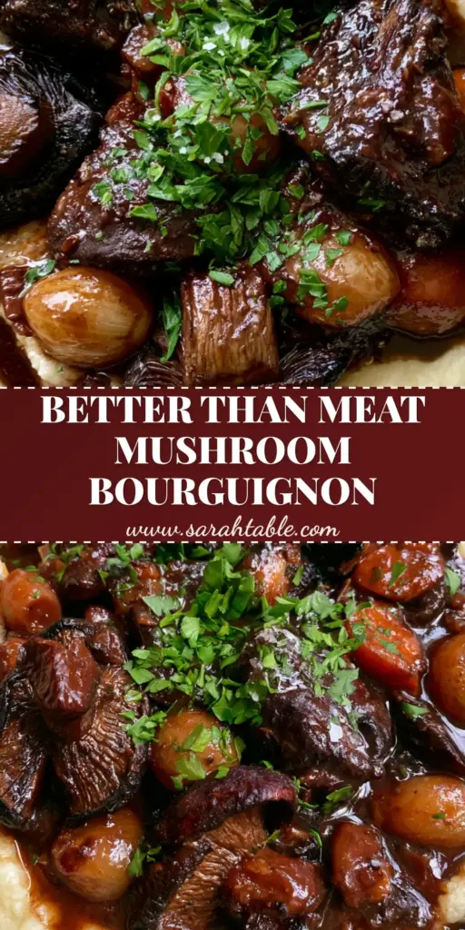 A rustic bowl of Vegan Mushroom Bourguignon with charred portobello chunks, dark burgundy gravy, and garlic mashed potatoes garnished with parsley. (Vegan Mushroom Bourguignon)