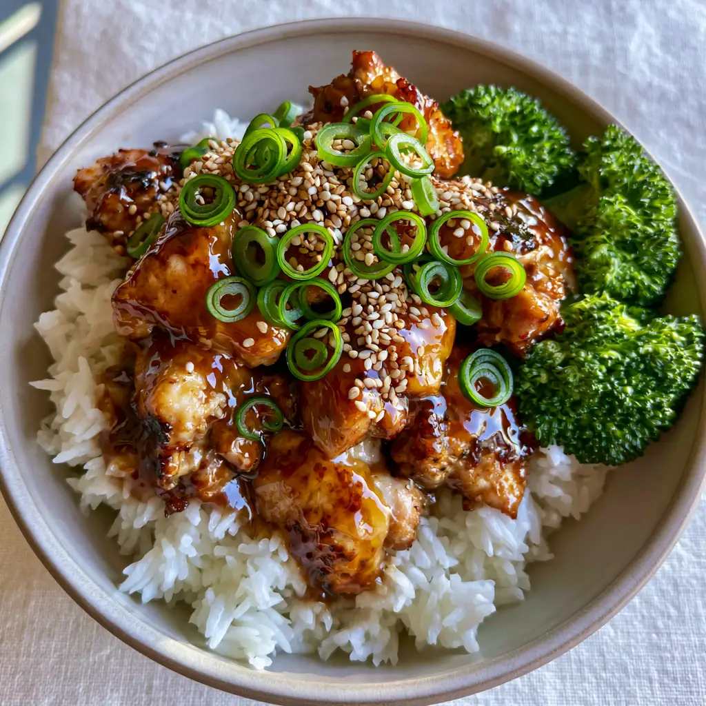 Close-up of the translucent amber-toned honey teriyaki glaze on chicken chunks with sesame seed garnish.