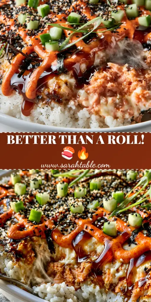 Sushi Bake Recipe: The Ultimate Creamy Salmon and Spicy Mayo Casserole 4 A close-up gourmet salmon sushi bake with a thick lattice drizzle of spicy mayo and unagi sauce, topped with cucumber and nori ribbons. (sushi bake)