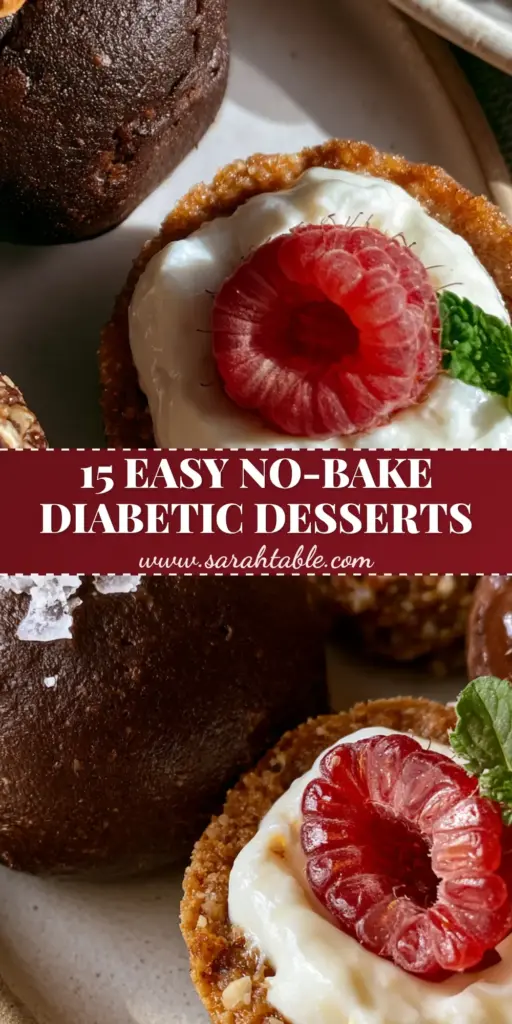 Diabetic Desserts: Decadent No-Bake Chocolate Bites and Raspberry Yogurt Tartlets 4 A minimalist plate of 15 diabetic desserts including dark chocolate fudgy bites and raspberry yogurt tartlets in soft morning light. (diabetic desserts)