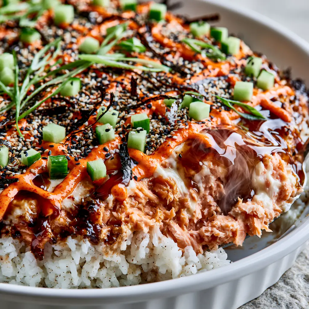 Sushi Bake Recipe: The Ultimate Creamy Salmon and Spicy Mayo Casserole 2 A high-angle shot of a salmon sushi bake showing the creamy salmon layer and vibrant orange drizzle. (sushi bake)