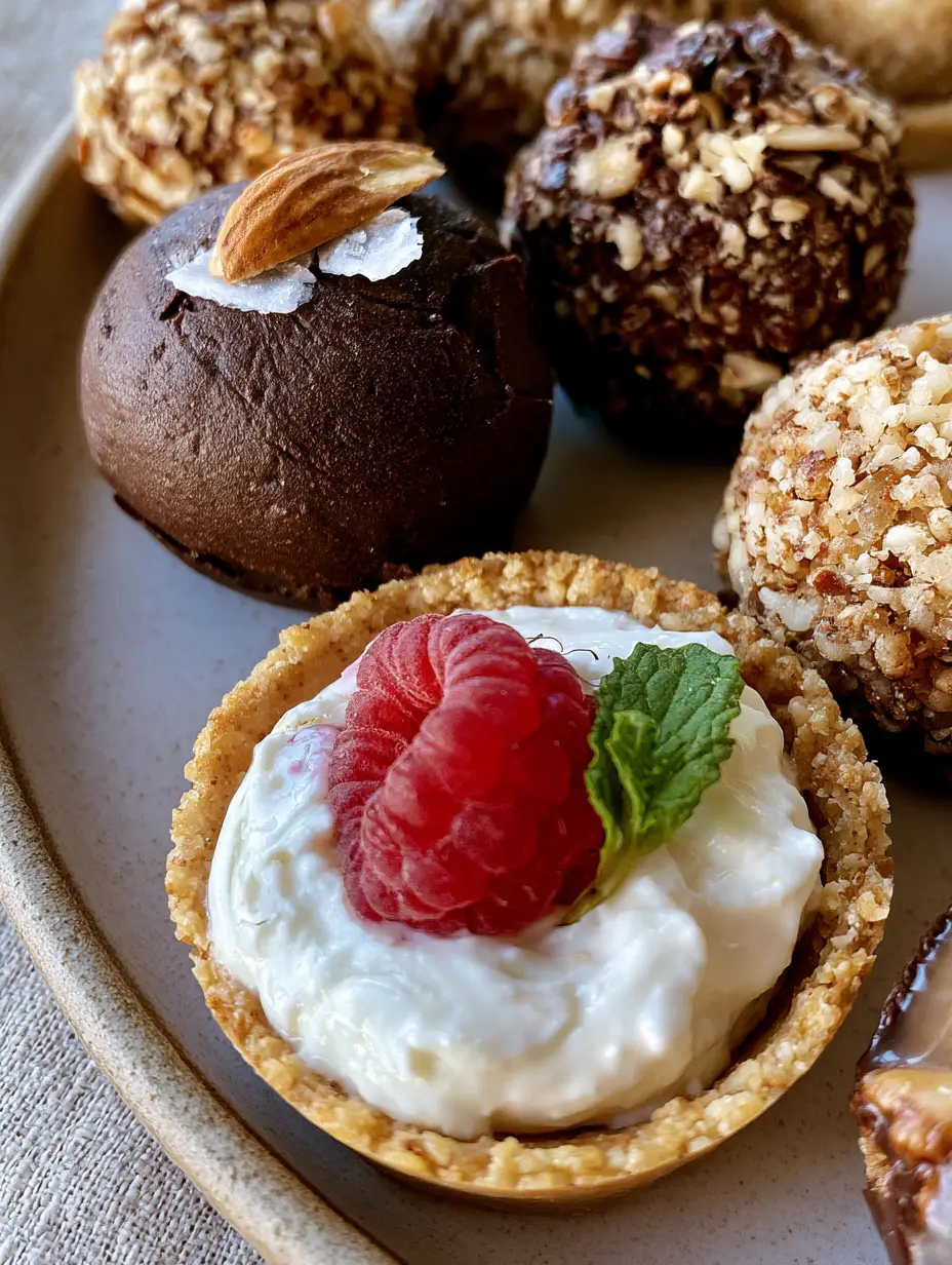 Diabetic Desserts: Decadent No-Bake Chocolate Bites and Raspberry Yogurt Tartlets 3 Close-up of a dark chocolate fudgy energy bite with Maldon sea salt and toasted almond sliver. (diabetic desserts)