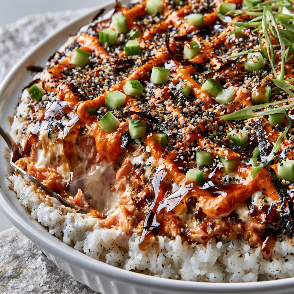 Sushi Bake Recipe: The Ultimate Creamy Salmon and Spicy Mayo Casserole 1 A scoop being removed from a sushi bake dish, showing the steam and moist, creamy internal layers.