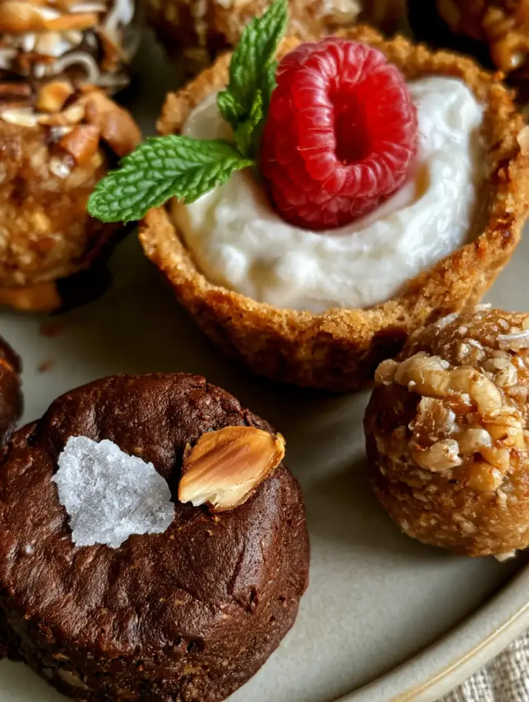 Diabetic Desserts: Decadent No-Bake Chocolate Bites and Raspberry Yogurt Tartlets 1 Mini yogurt tartlet with almond flour crust, glossy Greek yogurt, halved raspberry and fresh mint leaf.