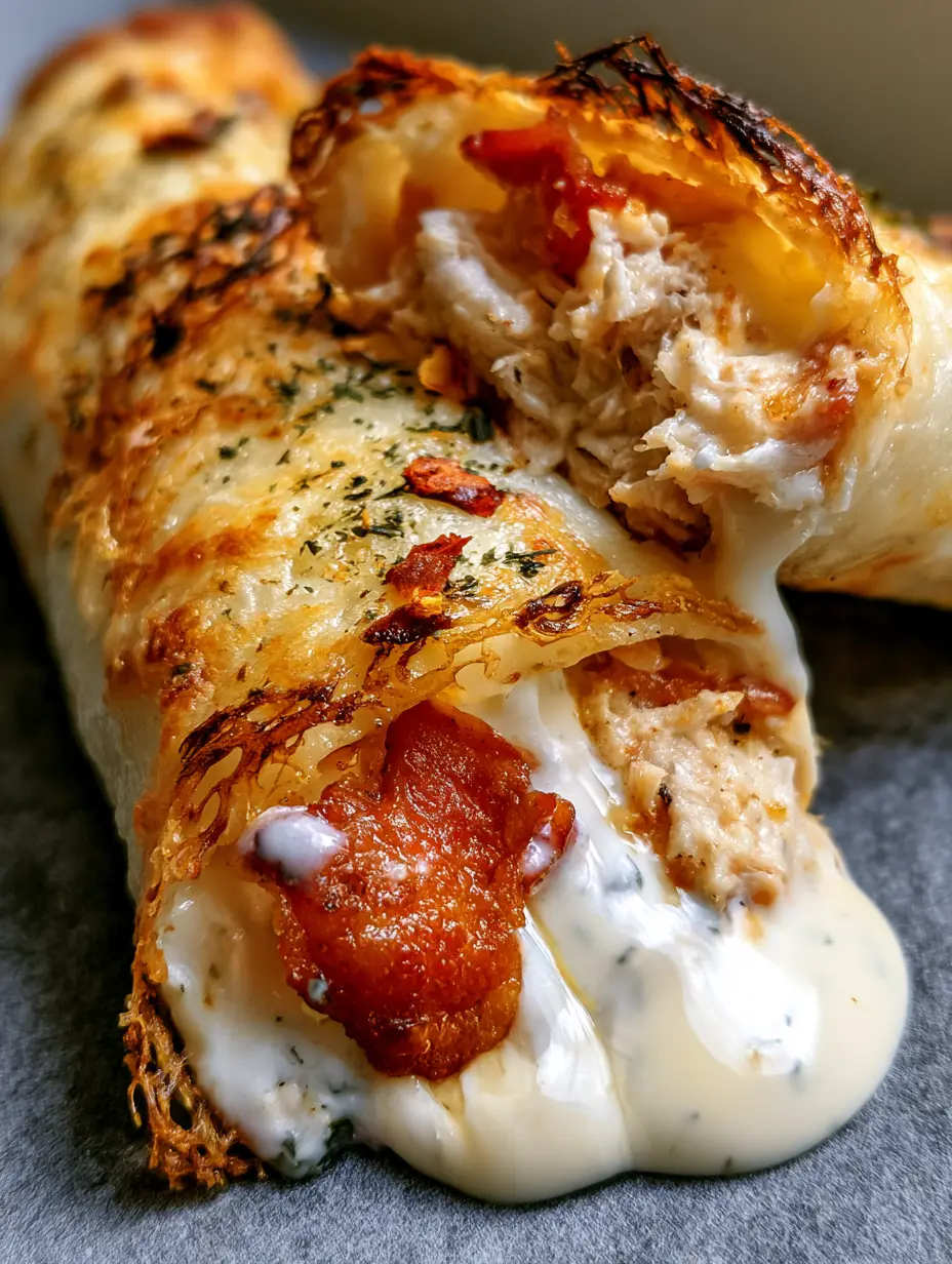 Extreme macro of a Keto Chicken Bacon Ranch Taquito snapped in half, showing juicy chicken, thick bacon, and steaming white ranch dressing.