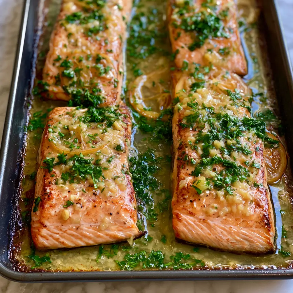 Garlic Butter Baked Salmon with Caramelized Lemons and Fresh Parsley 2 Overhead view of four Garlic Butter Baked Salmon fillets on a sheet pan with bubbling sauce and lemon rounds.